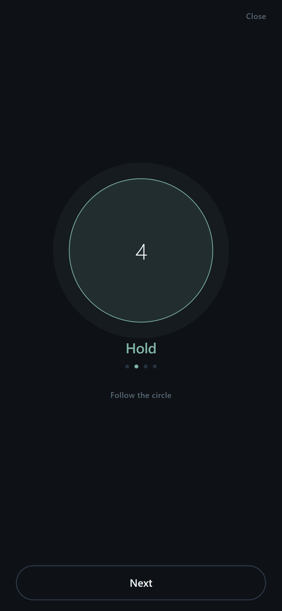 The panic button's breathing step: a guide circle counting four, with the word Hold beneath it
