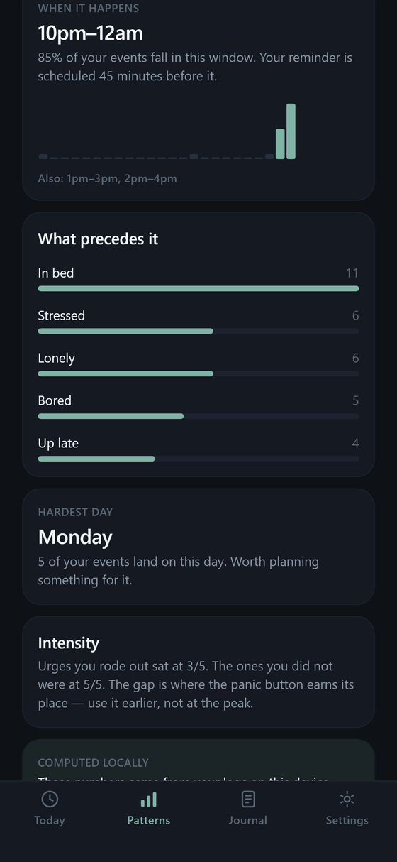 Patterns screen: your risk window is 10pm to midnight, what precedes your urges, and your hardest day